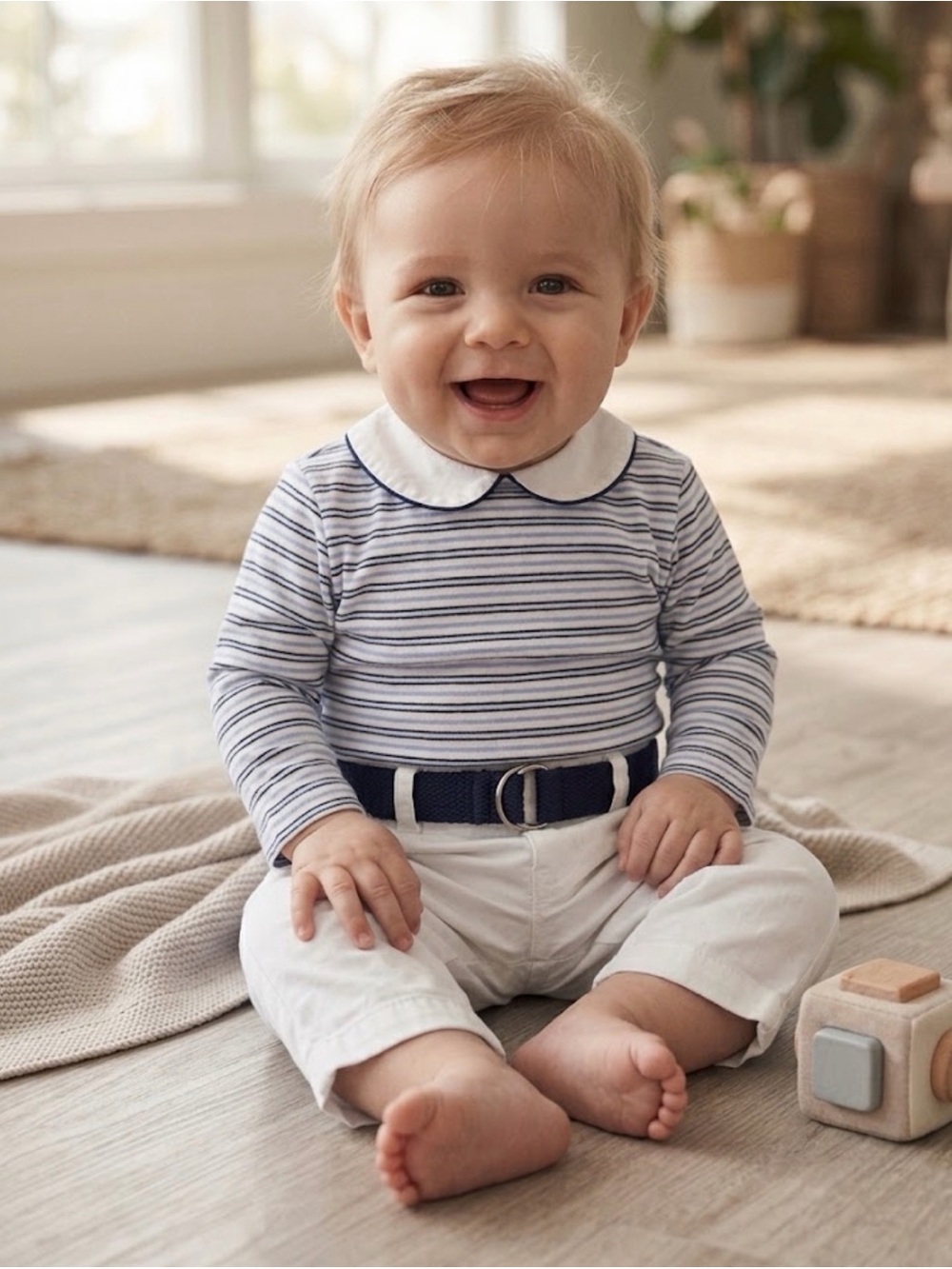 Ralph Lauren Striped Collar Top and White Pants Set w/ Navy Belt Boys 6 months